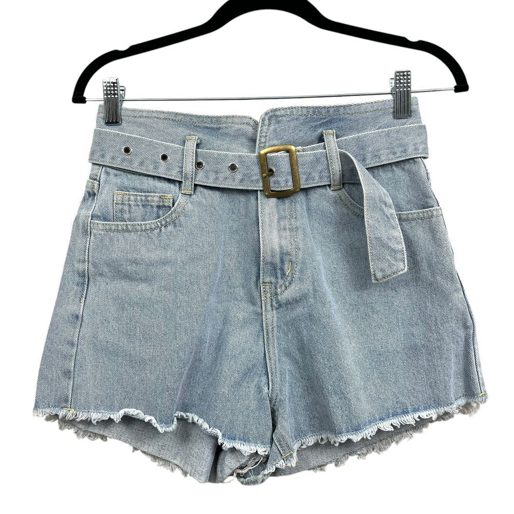 Elan Womens Denim Jean Shorts Belted Raw Hem 5 Pockets High Rise Blue Sz S*